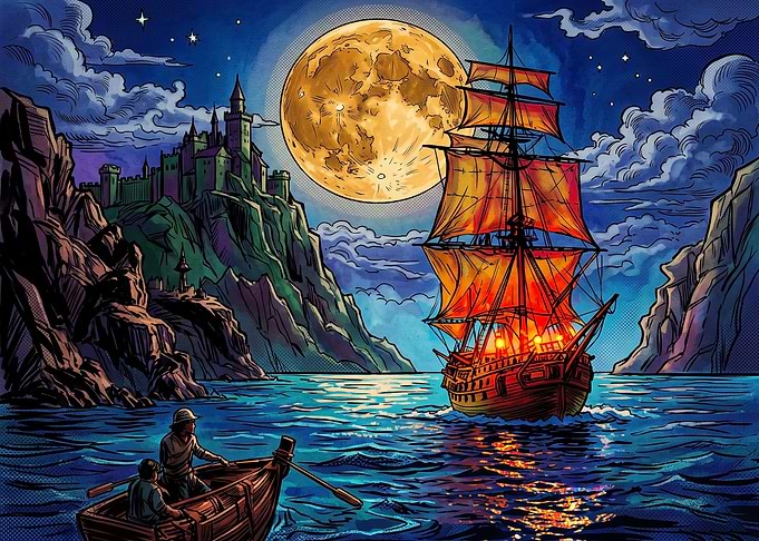 Fantasy Ship Sailing Under Full Moon