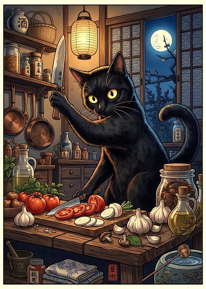 Black Cat Chef Cooking at Night