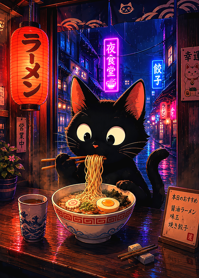 Black Cat Eating Ramen in Tokyo