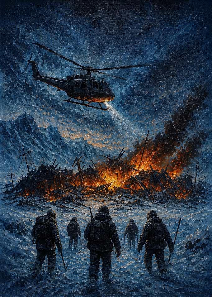 Soldiers Approaching Burning Wreckage at Night