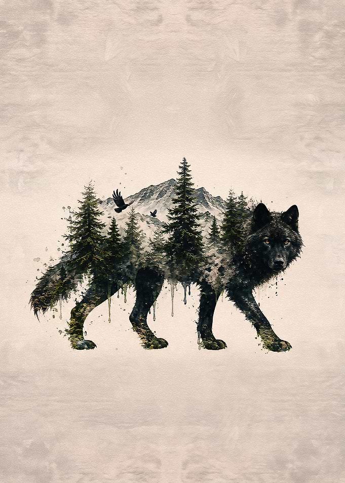 Double Exposure Wolf Forest Art