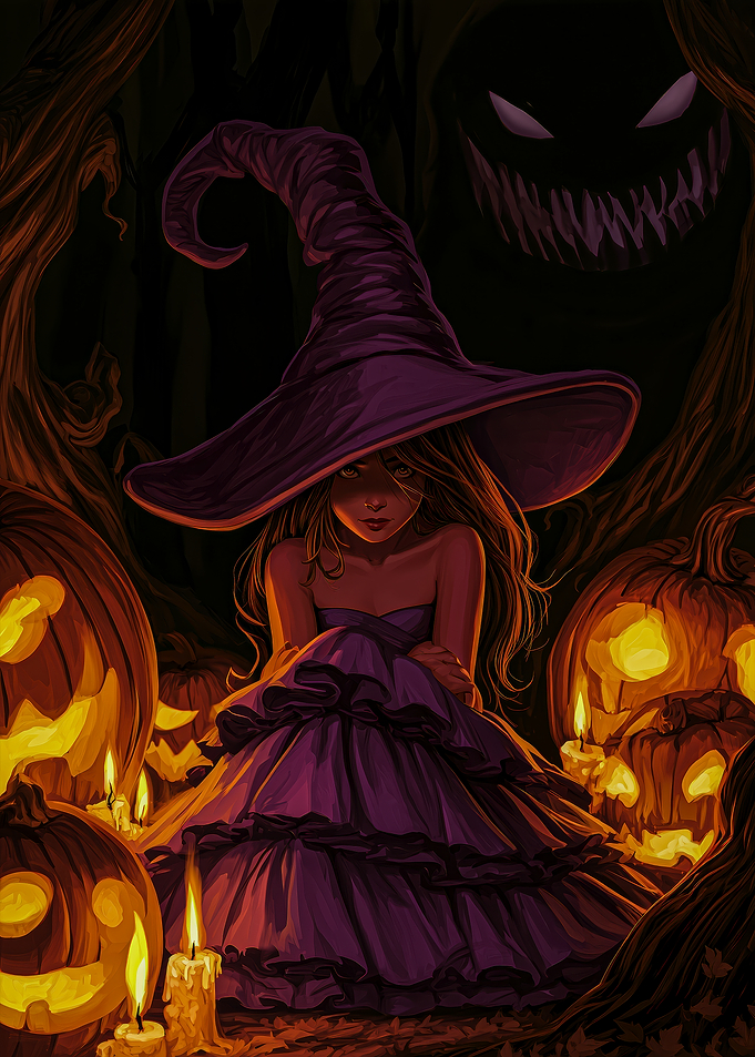 Young Witch Among Glowing Jack-o'-lanterns