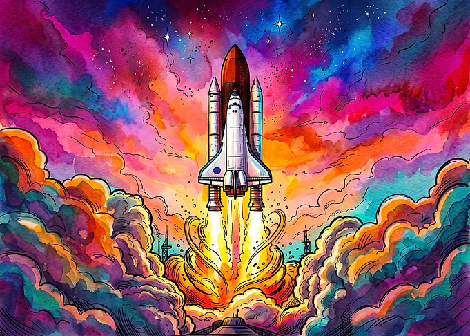 Colorful Watercolor Space Shuttle Launch