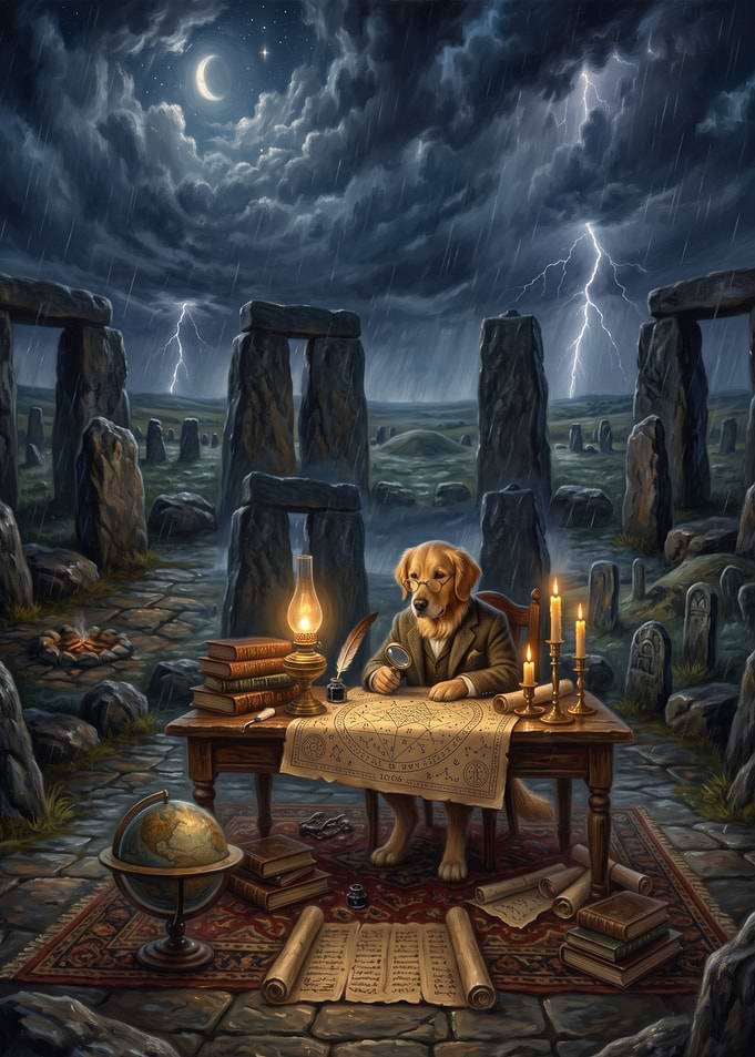 Golden Retriever Scholar at Stonehenge