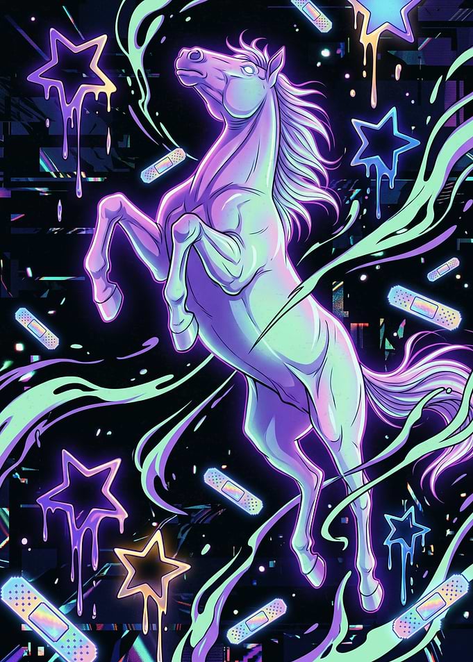 Neon Rearing Horse with Stars