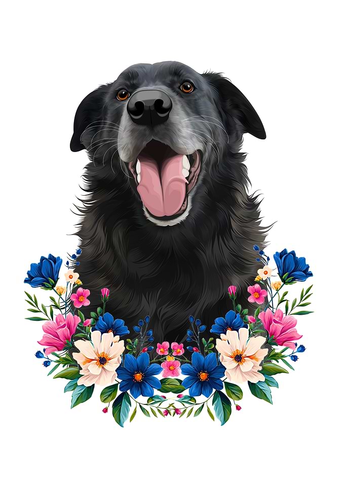 Black Dog Portrait with Floral Wreath
