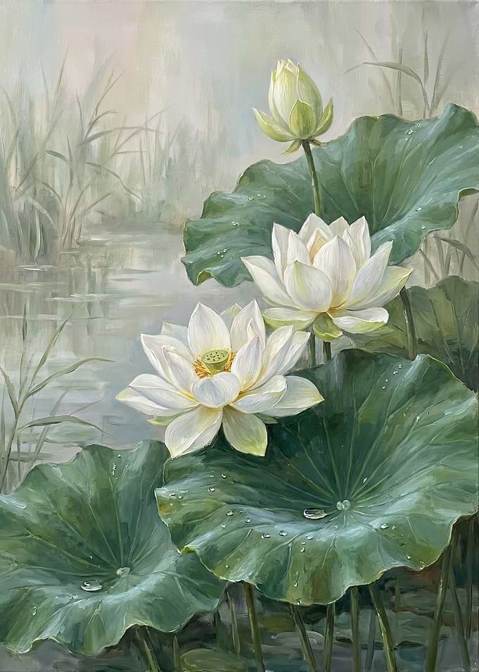 Elegant White Lotus Flowers Painting