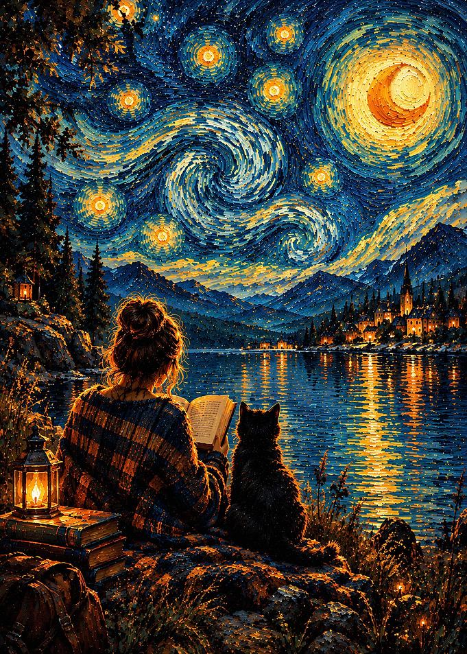 Girl Reading by Starry Lake
