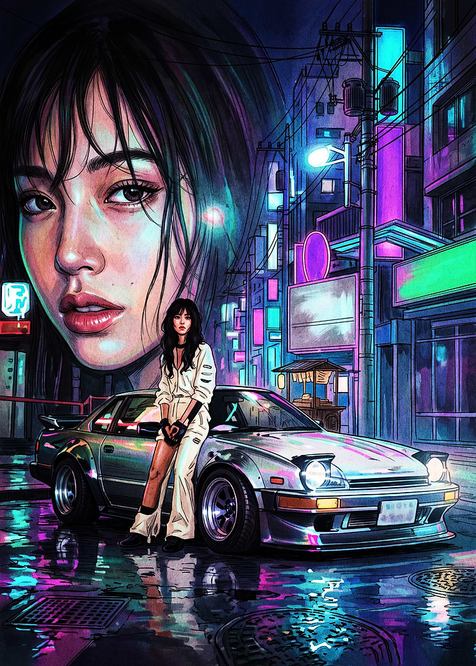 Cyberpunk Girl with Retro Sports Car