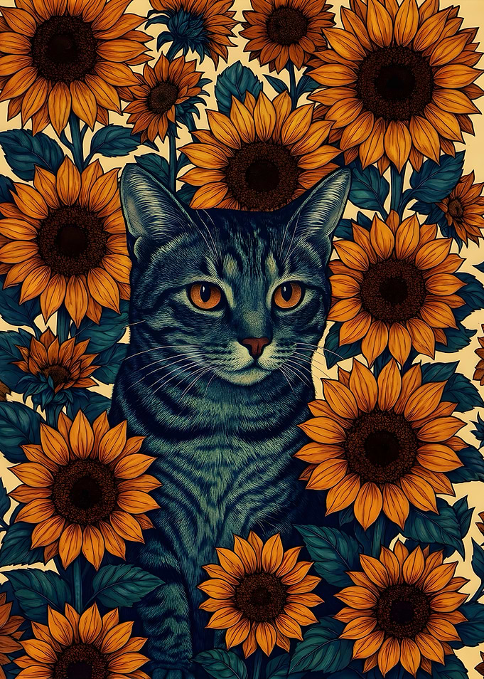 Tabby Cat Surrounded by Sunflowers