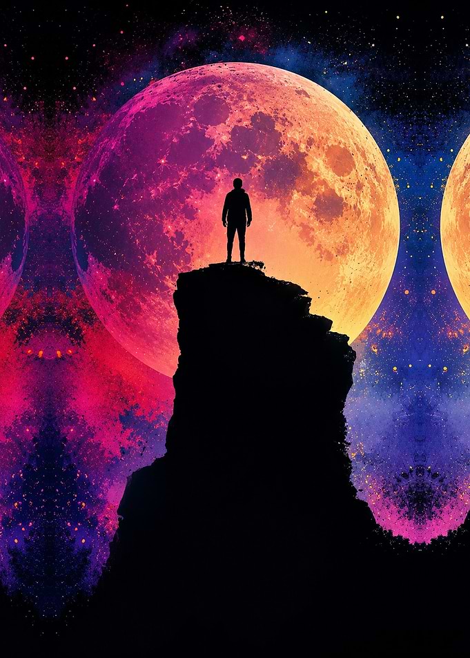 Silhouette Standing Before Giant Moon