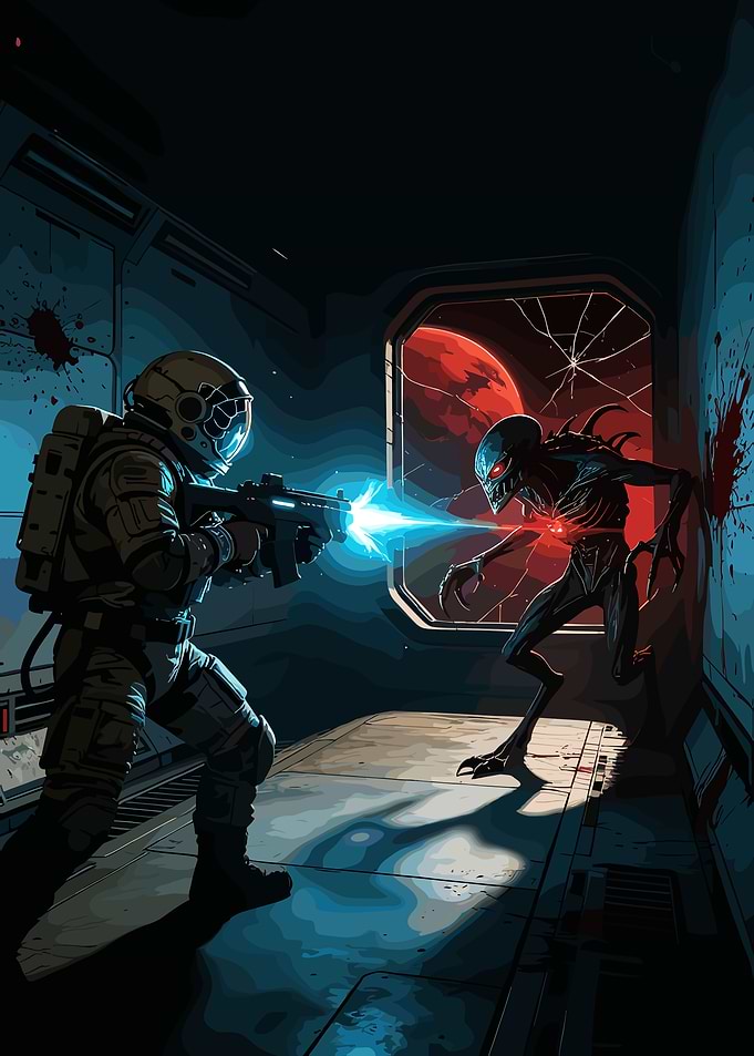 Astronaut Fighting Alien in Space Station