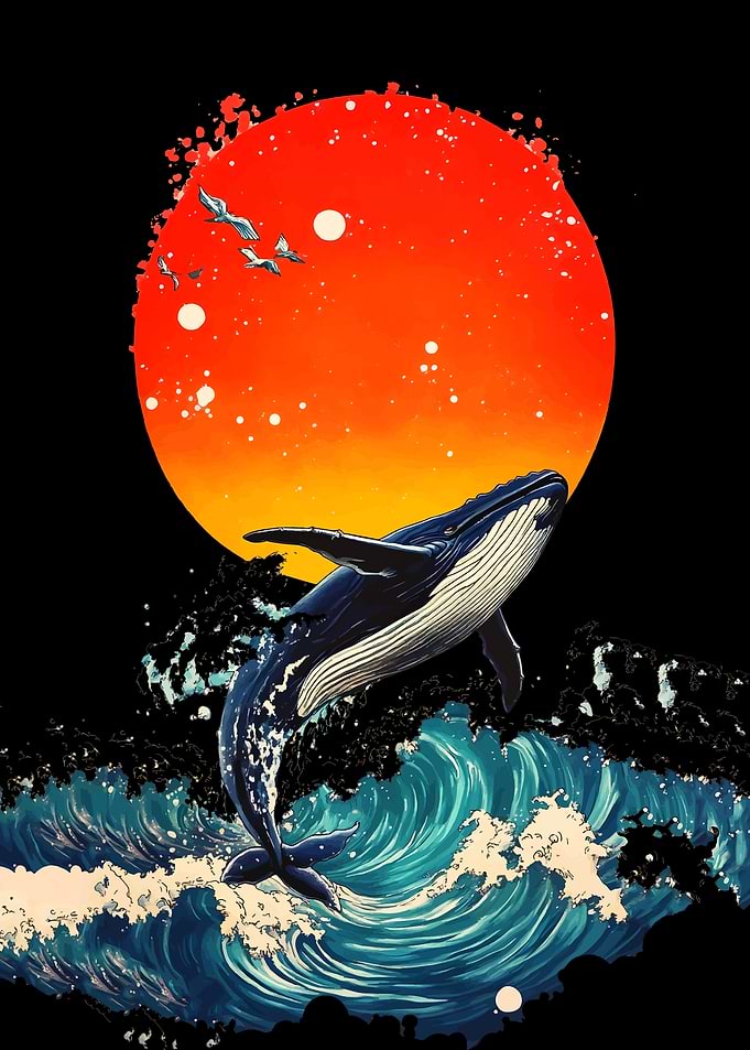 Humpback Whale Leaping Before Red Sun