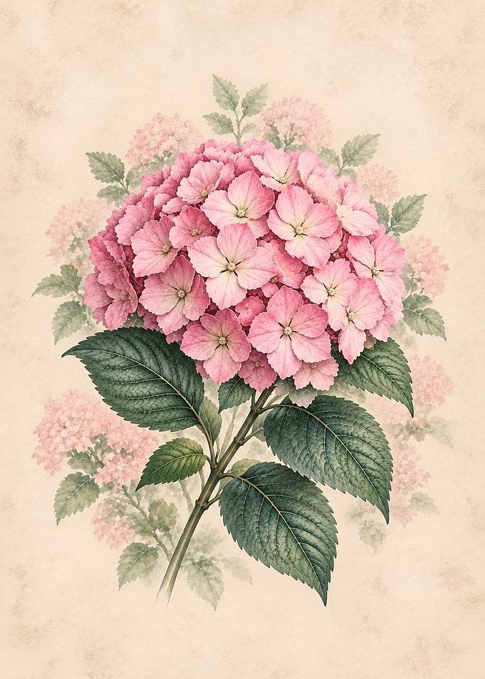 Vintage Botanical Pink Hydrangea Illustration