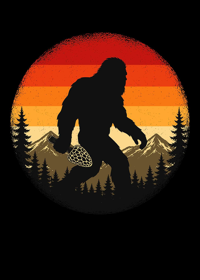 Bigfoot Holding Pinecone Retro Sunset