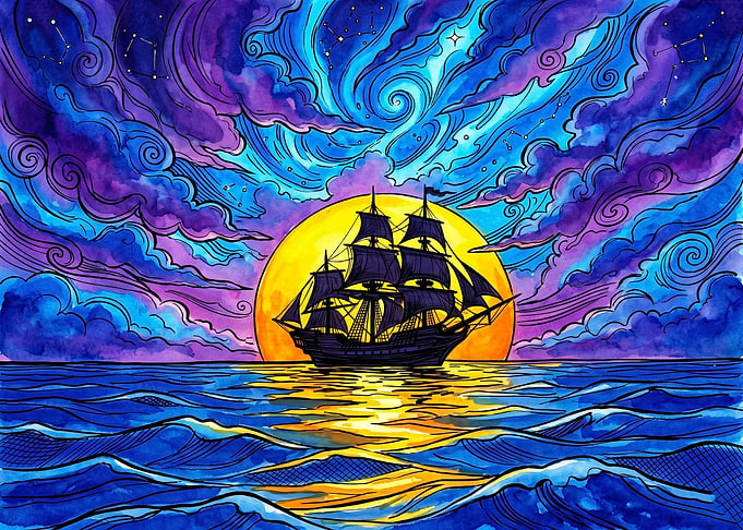 Sailing Ship Under Cosmic Moon