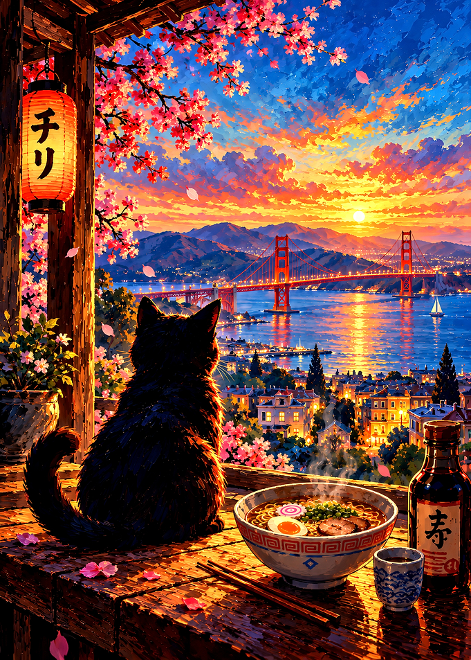 Cat Watching Sunset Over Golden Gate