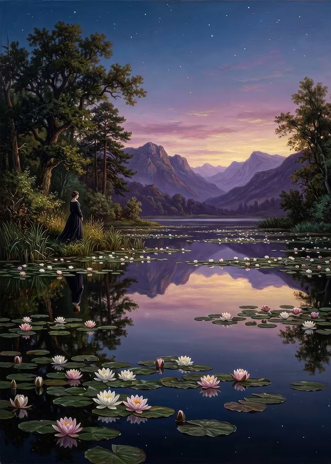Woman Standing by Serene Lily Pond