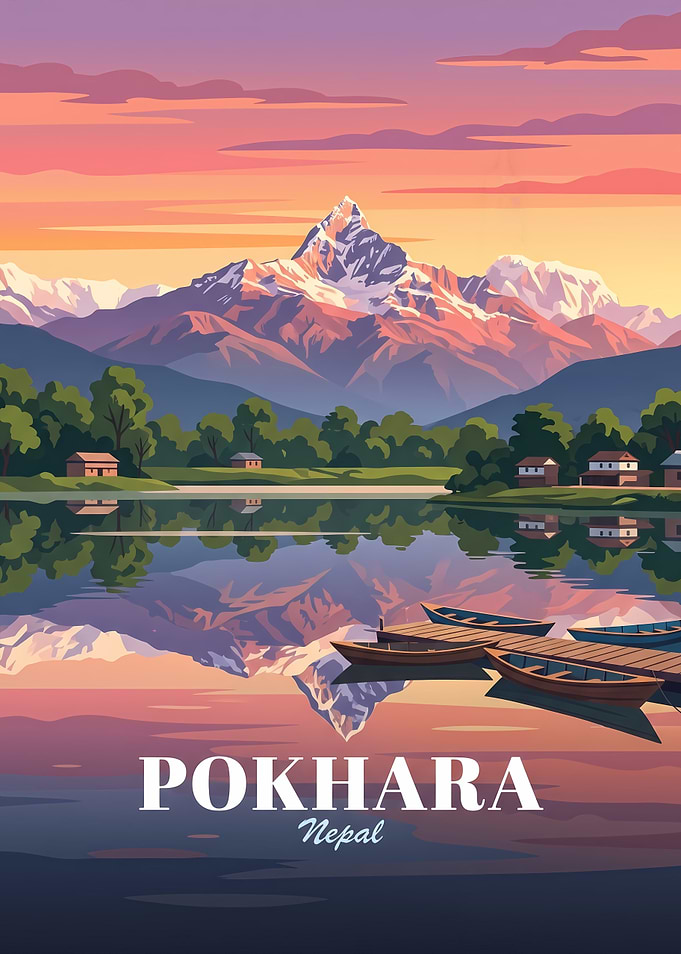 Pokhara Nepal Mountain Lake Travel Poster