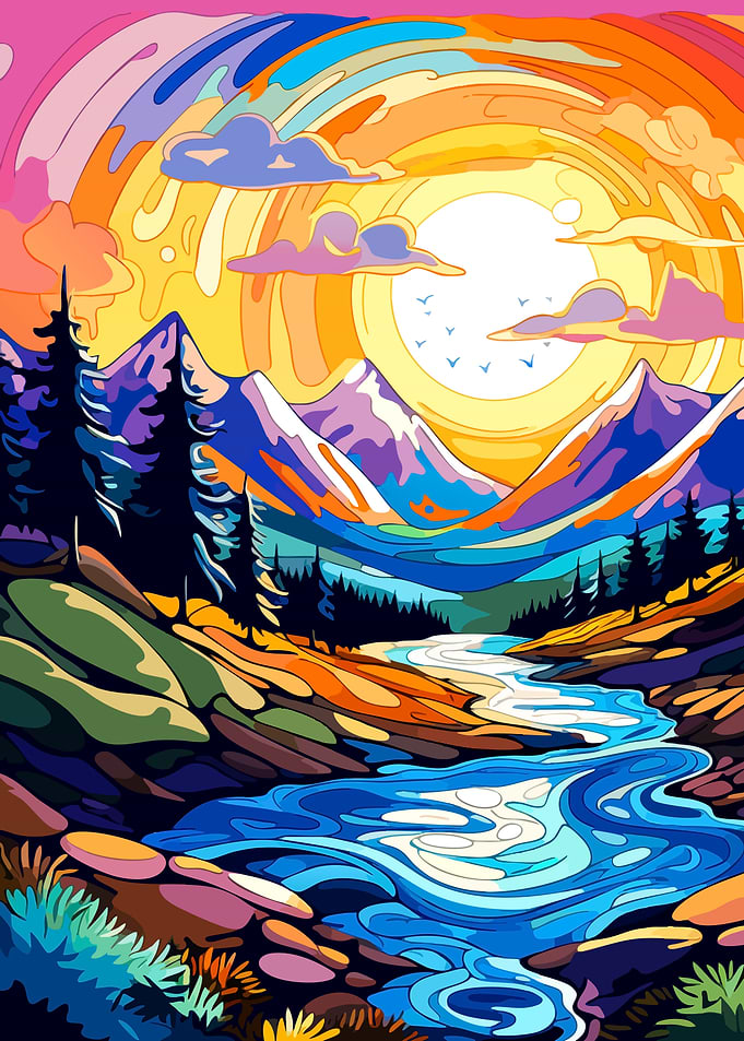 Vibrant Abstract Mountain River Landscape