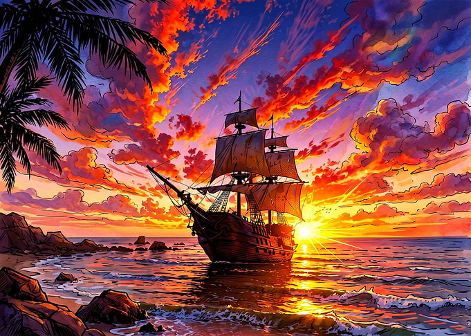 Pirate Ship at Tropical Sunset