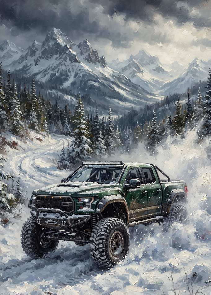 Green Off-Road Truck in Snow