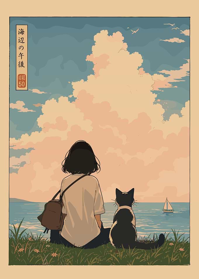 Girl and Cat Watching the Sea