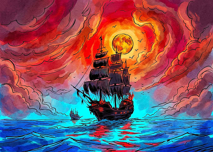Ghost Ship Under Fiery Moon