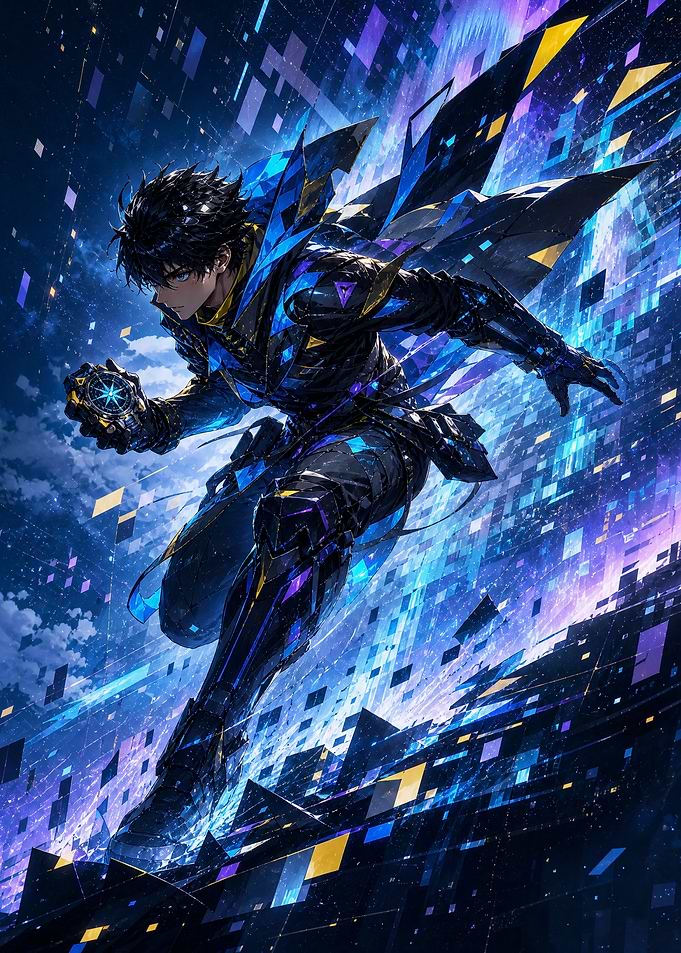 Cybernetic Anime Warrior in Digital Void