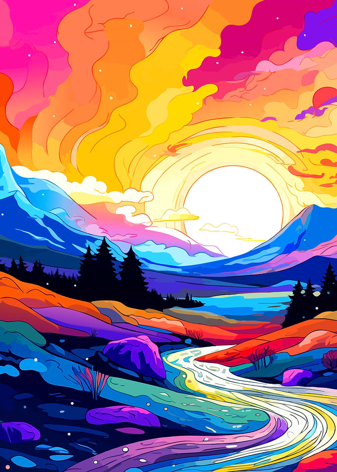 Vibrant Psychedelic Mountain Landscape