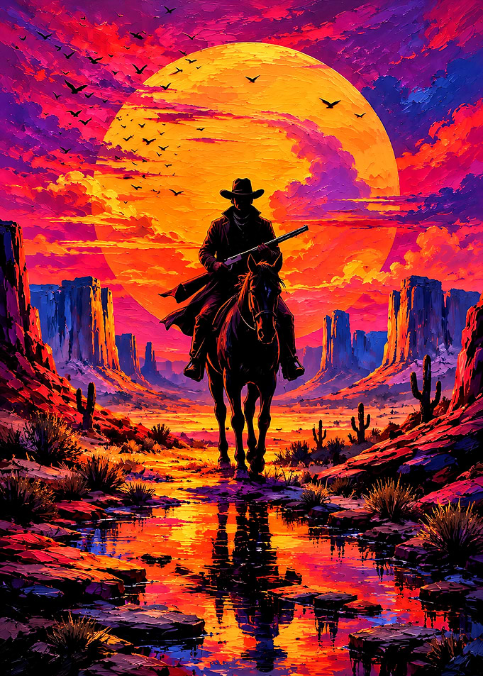Cowboy Riding Through Desert Sunset