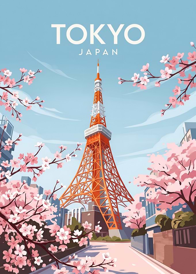 Tokyo Tower in Cherry Blossom Spring