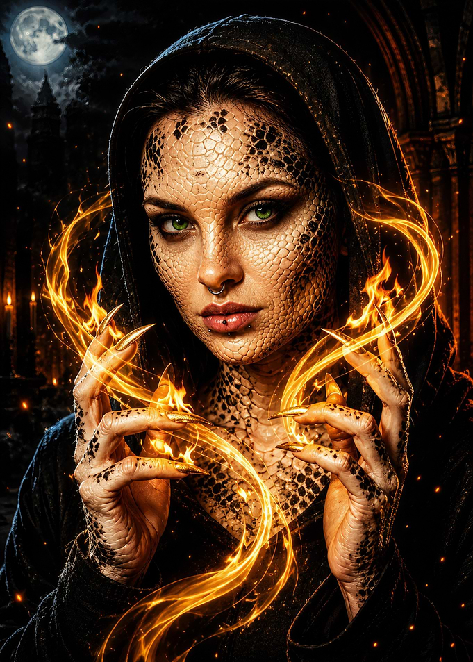Mystical Serpent Sorceress with Fire Magic