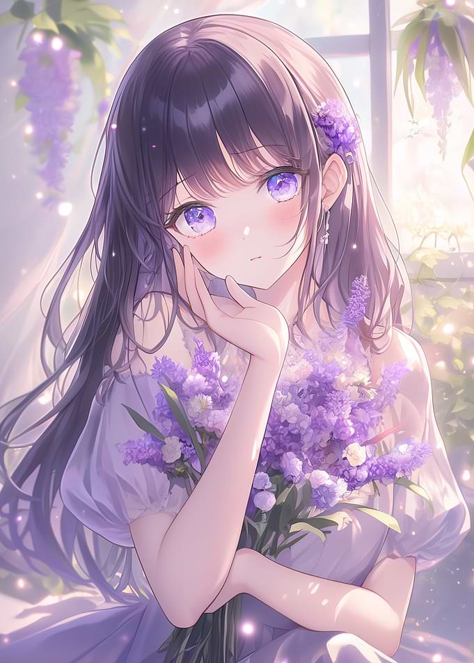 Anime Girl Holding Purple Flowers