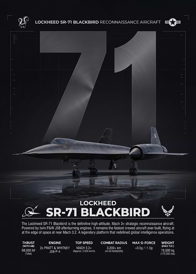 sleek dark Modern Fighter Jet Blackbird Technical Poster