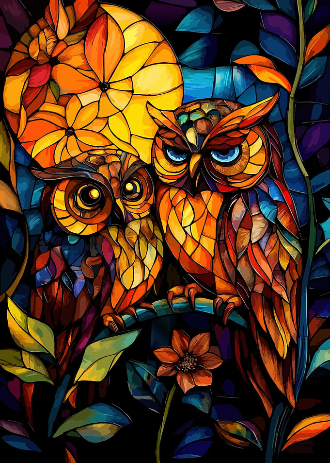Stained Glass Style Owl Pair