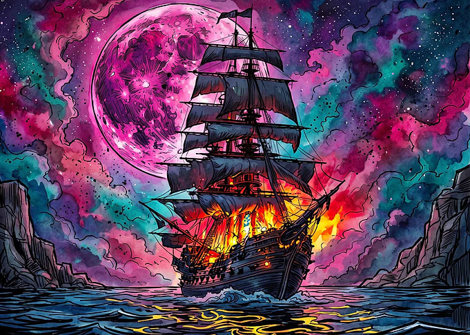 Burning Pirate Ship Under Cosmic Moon