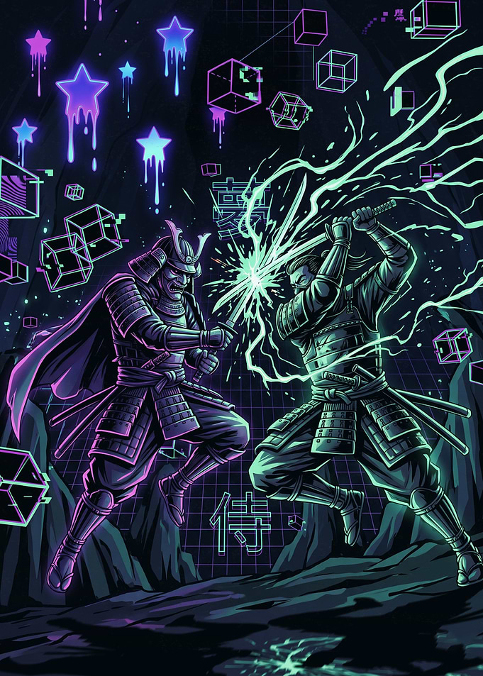 Cyberpunk Samurai Duel Digital Art