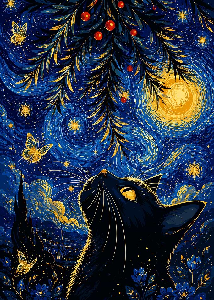 Black Cat Under Starry Night Sky