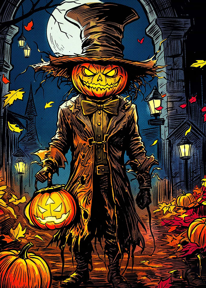 Spooky Pumpkin-Headed Scarecrow Halloween Illustration