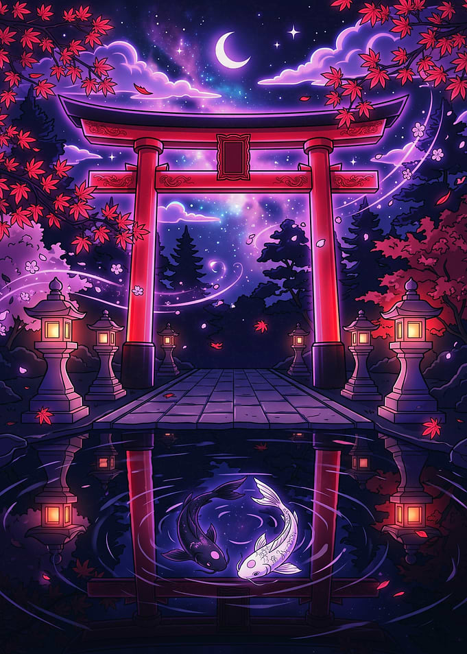 Torii Gate and Koi Pond Night