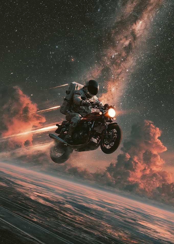 Astronaut Riding Motorcycle Through Space