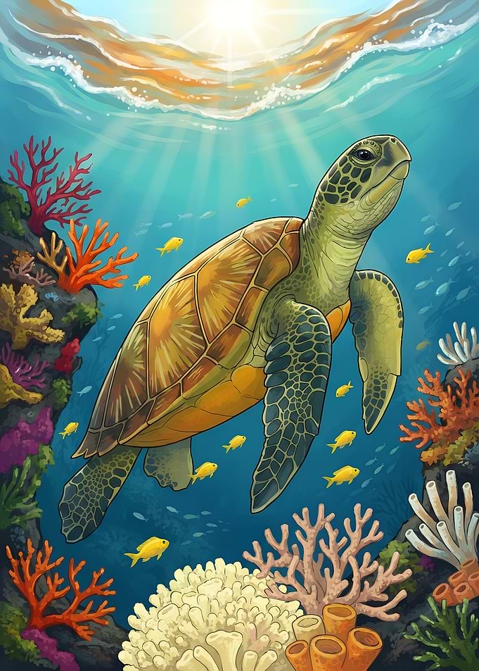 Sea Turtle Swimming in Coral Reef
