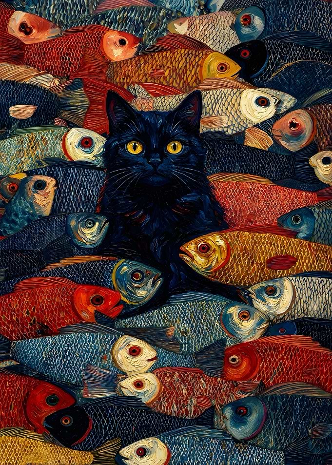 Black Cat Surrounded by Colorful Fish
