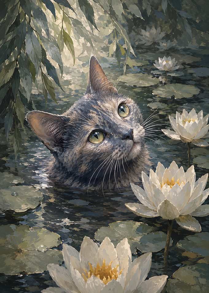 Cat Swimming Among Water Lilies