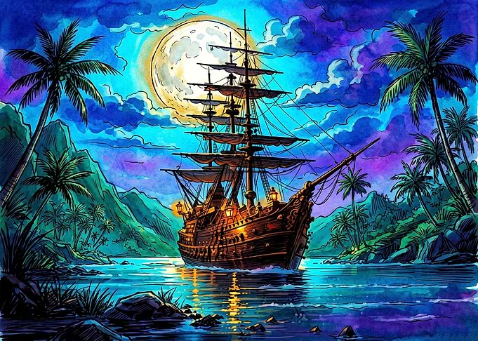Galleon Sailing Under Full Moon
