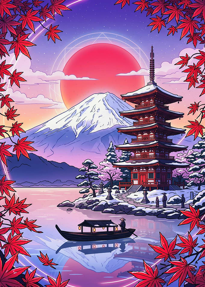 Mount Fuji and Pagoda Winter Scene