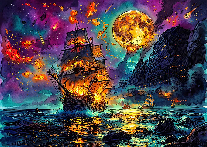 Burning Ship Under Cosmic Moon
