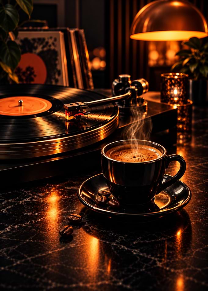 Vinyl Record Player and Coffee
