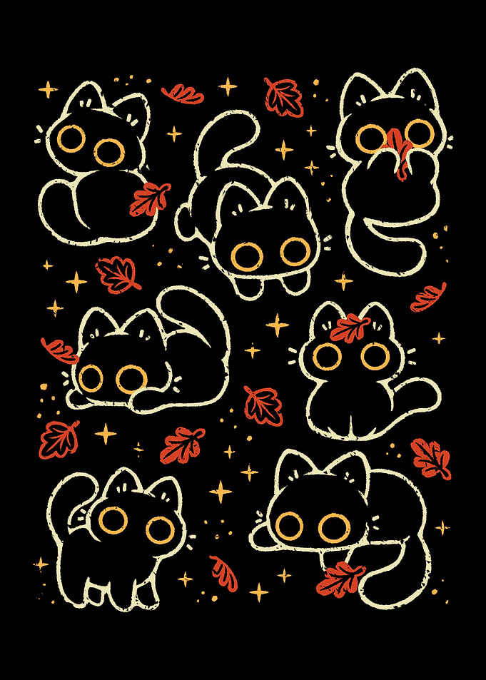 Cute Black Cats with Autumn Leaves